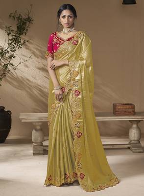 designer lamon viscose fabric saree with rani pink silk blend blouse fabric 1