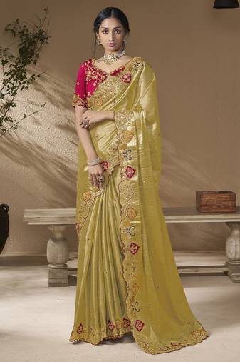 designer lamon viscose fabric saree with rani pink silk blend blouse fabric