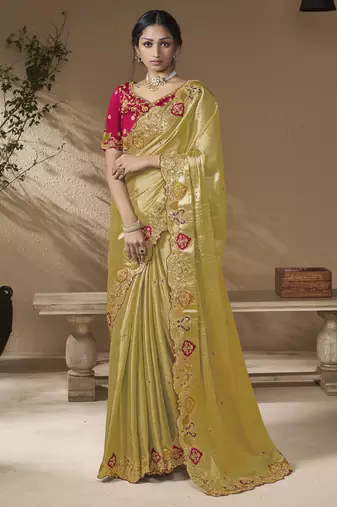 designer lamon viscose fabric saree with rani pink silk blend blouse fabric