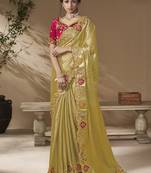 designer lamon viscose fabric saree with rani pink silk blend blouse fabric