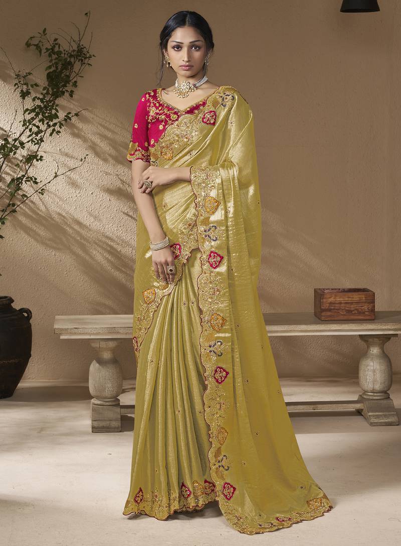 designer lamon viscose fabric saree with rani pink silk blend blouse fabric