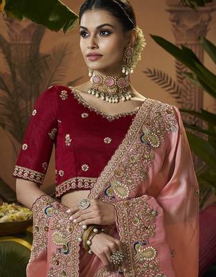 designer peach soft jacquard fabric saree with maroon silk blend blouse fabric 2