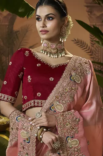 designer peach soft jacquard fabric saree with maroon silk blend blouse fabric