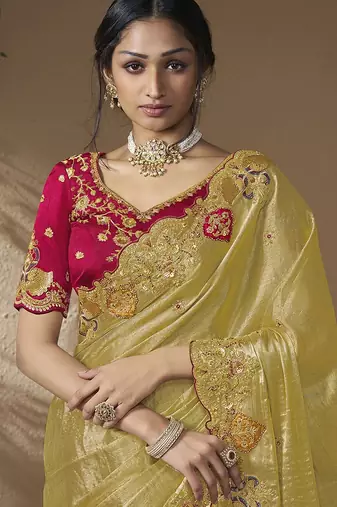 designer lamon viscose fabric saree with rani pink silk blend blouse fabric