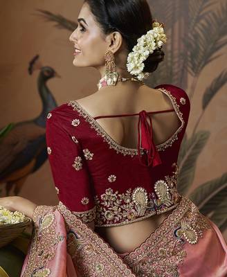 designer peach soft jacquard fabric saree with maroon silk blend blouse fabric 3