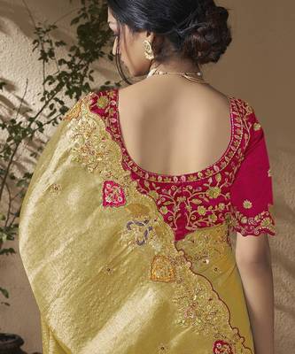 designer lamon viscose fabric saree with rani pink silk blend blouse fabric 3