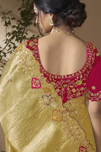 designer lamon viscose fabric saree with rani pink silk blend blouse fabric