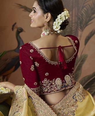 designer yellow soft jacquard fabric saree with maroon silk blend blouse fabric 3