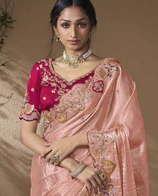 designer pink viscose fabric saree with rani pink silk blend blouse fabric 2