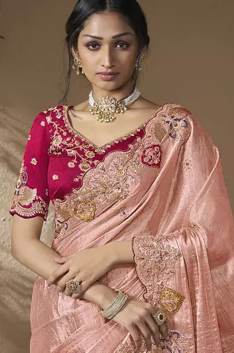 designer pink viscose fabric saree with rani pink silk blend blouse fabric