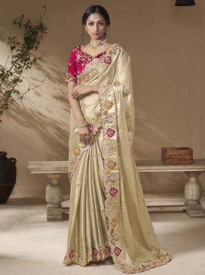 designer gold viscose fabric saree with rani pink silk blend blouse fabric 1