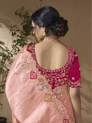 designer pink viscose fabric saree with rani pink silk blend blouse fabric 3