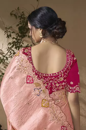 designer pink viscose fabric saree with rani pink silk blend blouse fabric