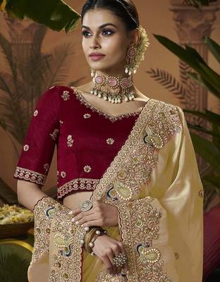 designer gold soft jacquard fabric saree with maroon silk blend blouse fabric 2