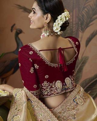 designer gold soft jacquard fabric saree with maroon silk blend blouse fabric 3