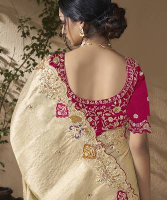 designer gold viscose fabric saree with rani pink silk blend blouse fabric 3