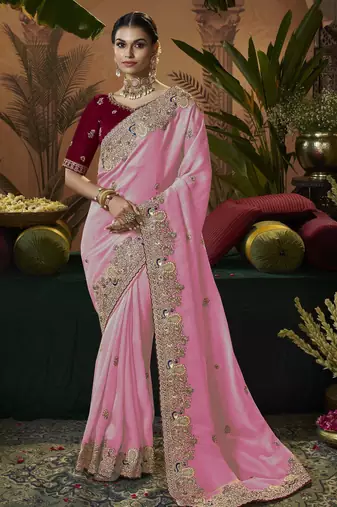 designer pink soft jacquard fabric saree with maroon silk blend blouse fabric