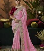 designer pink soft jacquard fabric saree with maroon silk blend blouse fabric