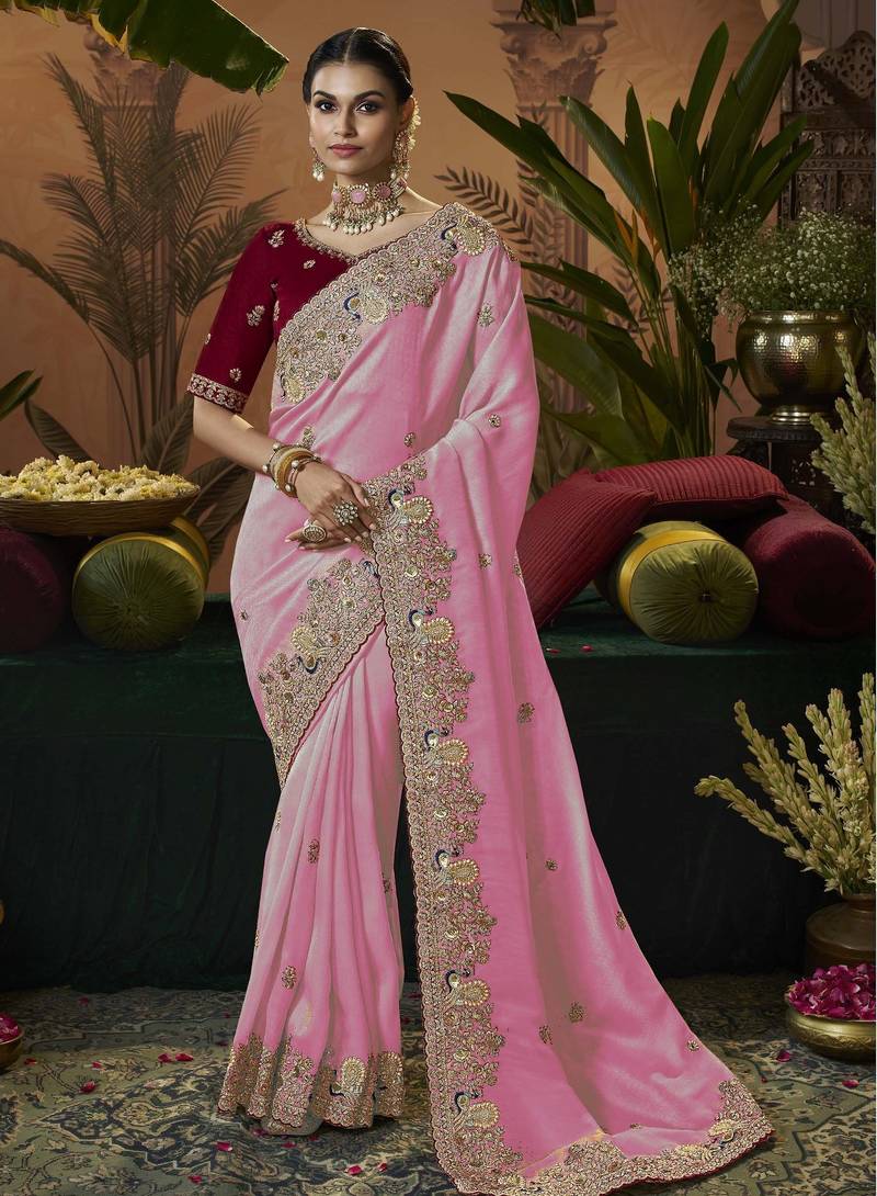 designer pink soft jacquard fabric saree with maroon silk blend blouse fabric