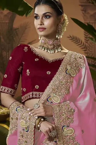 designer pink soft jacquard fabric saree with maroon silk blend blouse fabric