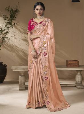 designer pwach viscose fabric saree with rani pink silk blend blouse fabric 1