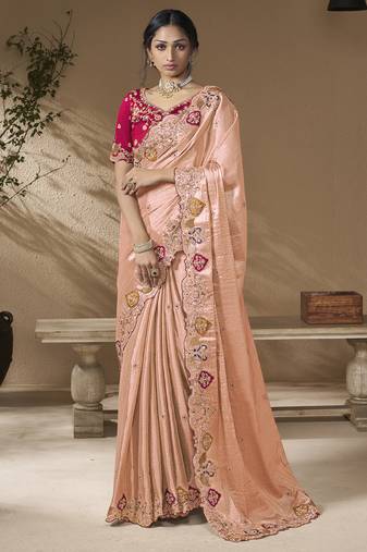 designer pwach viscose fabric saree with rani pink silk blend blouse fabric
