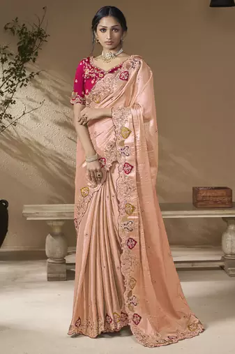 designer pwach viscose fabric saree with rani pink silk blend blouse fabric
