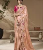 designer pwach viscose fabric saree with rani pink silk blend blouse fabric