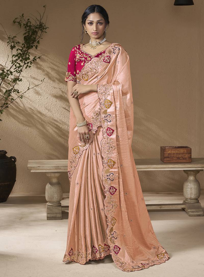 designer pwach viscose fabric saree with rani pink silk blend blouse fabric