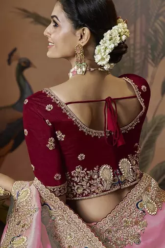 designer pink soft jacquard fabric saree with maroon silk blend blouse fabric