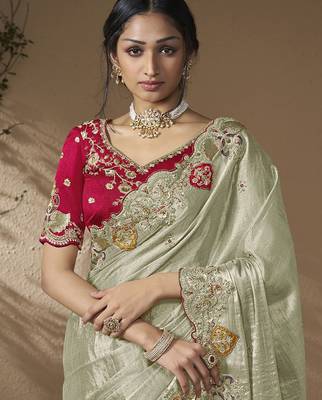 designer dusty green viscose fabric saree with rani pink silk blend blouse fabric 2
