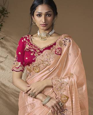 designer pwach viscose fabric saree with rani pink silk blend blouse fabric 2