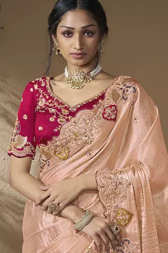 designer pwach viscose fabric saree with rani pink silk blend blouse fabric