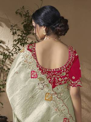designer dusty green viscose fabric saree with rani pink silk blend blouse fabric 3