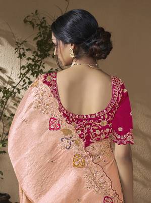 designer pwach viscose fabric saree with rani pink silk blend blouse fabric 3