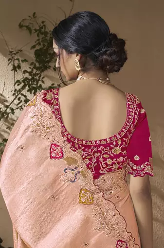 designer pwach viscose fabric saree with rani pink silk blend blouse fabric
