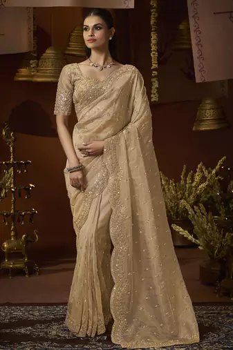 Designer gold tissue fabric saree with gold tissue blouse fabric