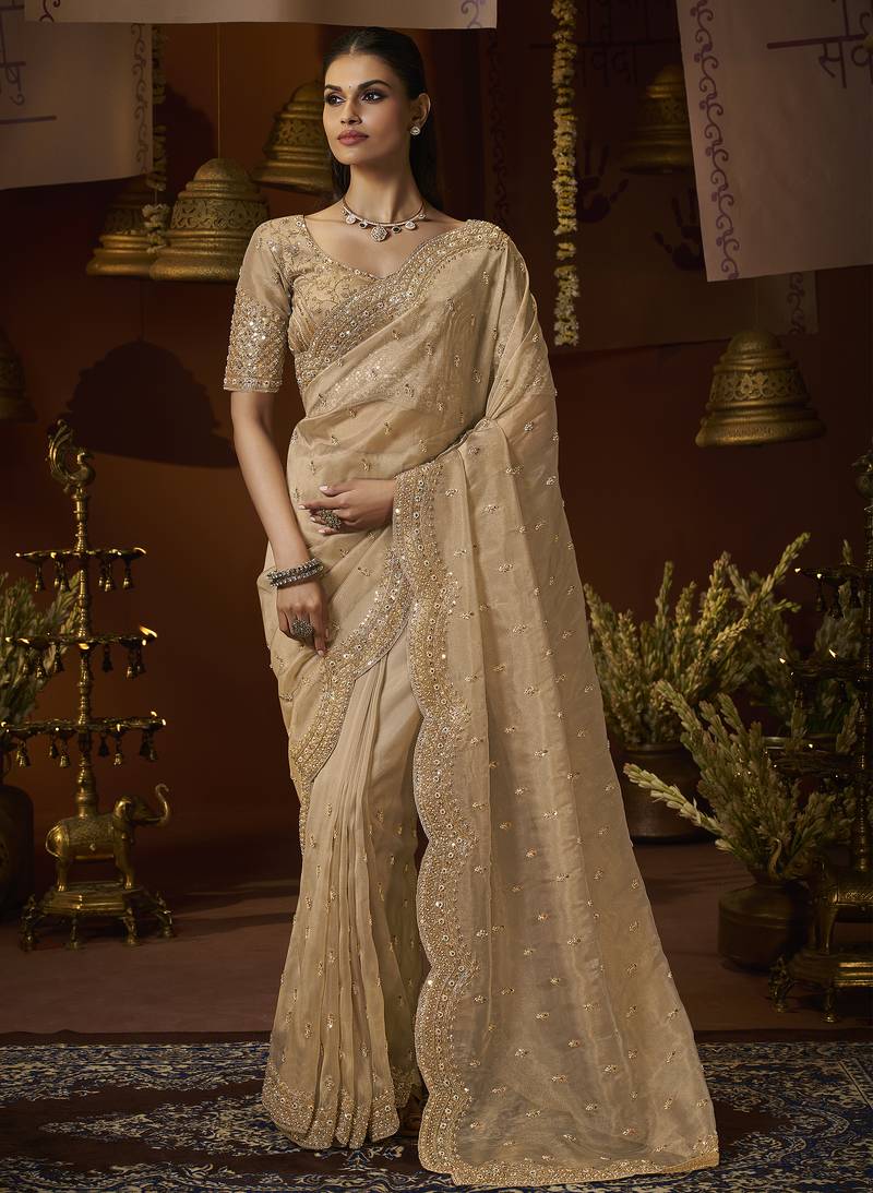 Designer gold tissue fabric saree with gold tissue blouse fabric