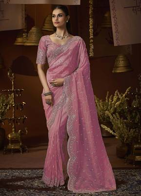 Designer pink tissue fabric saree with pink tissue blouse fabric 1