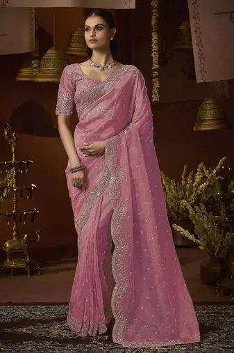 Designer pink tissue fabric saree with pink tissue blouse fabric