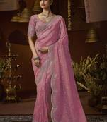 Designer pink tissue fabric saree with pink tissue blouse fabric
