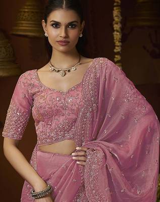 Designer pink tissue fabric saree with pink tissue blouse fabric 2