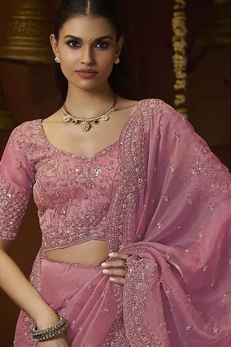 Designer pink tissue fabric saree with pink tissue blouse fabric