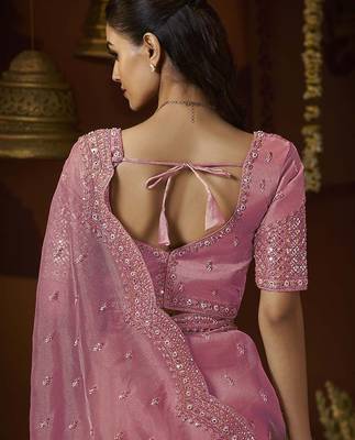 Designer pink tissue fabric saree with pink tissue blouse fabric 3