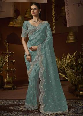 Designer green tissue fabric saree with green tissue blouse fabric 1