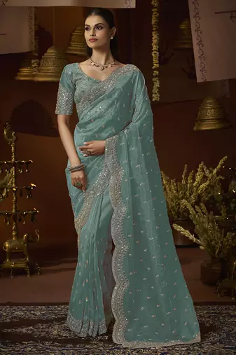 Designer green tissue fabric saree with green tissue blouse fabric