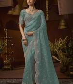 Designer green tissue fabric saree with green tissue blouse fabric