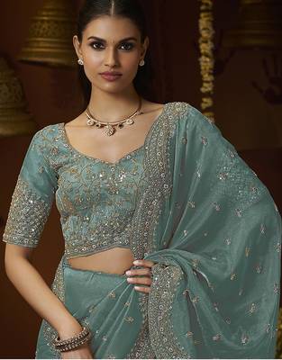 Designer green tissue fabric saree with green tissue blouse fabric 2