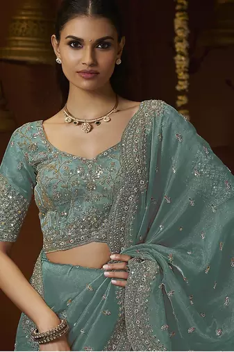 Designer green tissue fabric saree with green tissue blouse fabric