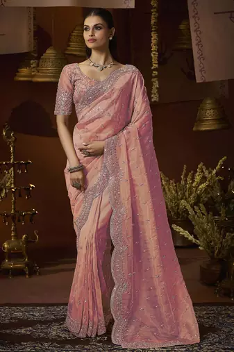 Designer peach tissue fabric saree with peach tissue blouse fabric
